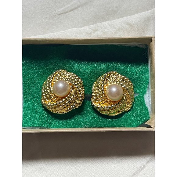 Gold Tone Knot Rope Faux Pearl Clip-On Earrings - Picture 13 of 13